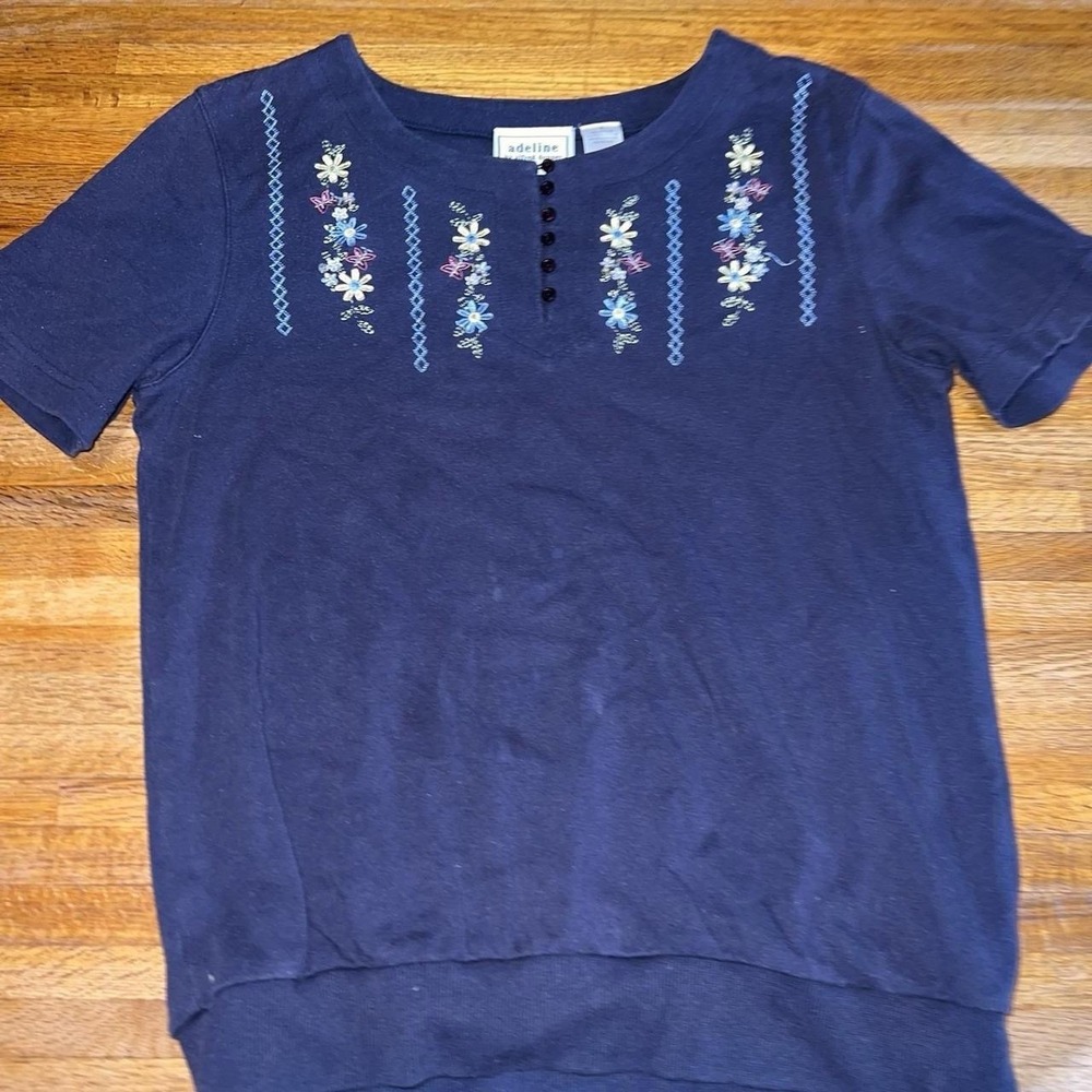 Adeline Alfred Dunner Women Small Navy Floral Flower 90s Embroidered Beaded Top